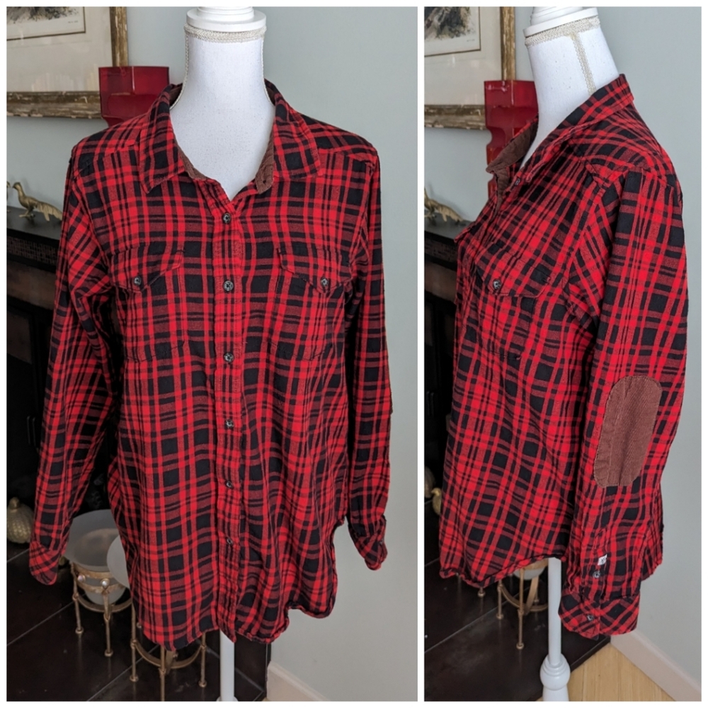 Kavu Wms Large Billie Jean Red Plaid Flannel Brown Corduroy Elbow Pads ButtonUp
